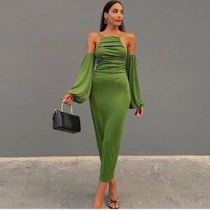 Zara Green Ruched Halter Midi Dress M Blogger Favorite Bodycon Balloon Sleeve